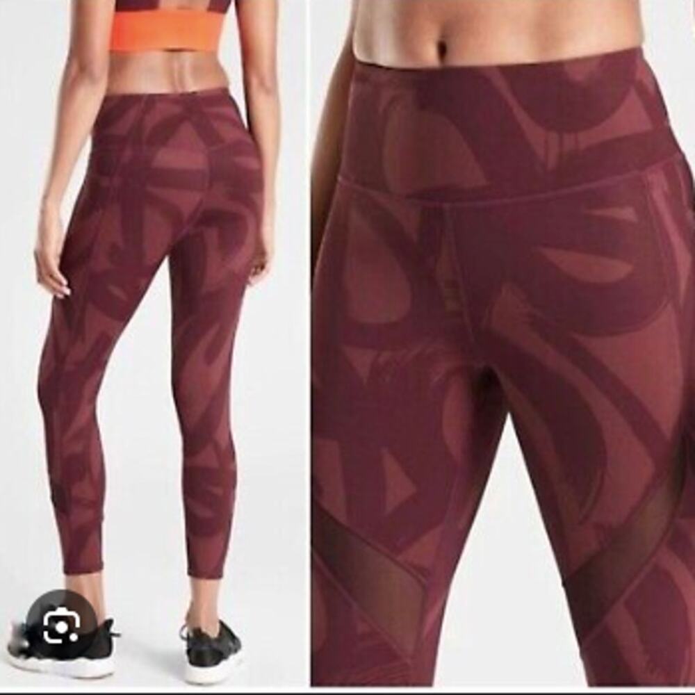 ATHLETA Tenacity 7/8 Tight Leggings Pockets Small Antique Burgundy Brush Strokes